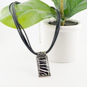 Chico's Silver Tone Zebra Print Rectangular Pendant Cord Necklace 16" + 3"